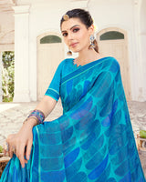 Vishal Prints Dark Turquoise Blue Printed Brasso Saree With Fancy Border