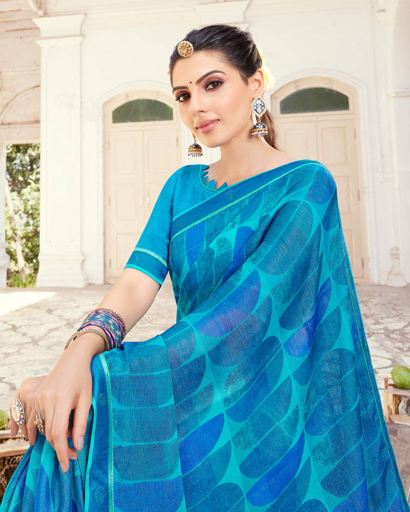 Vishal Prints Dark Turquoise Blue Printed Brasso Saree With Fancy Border