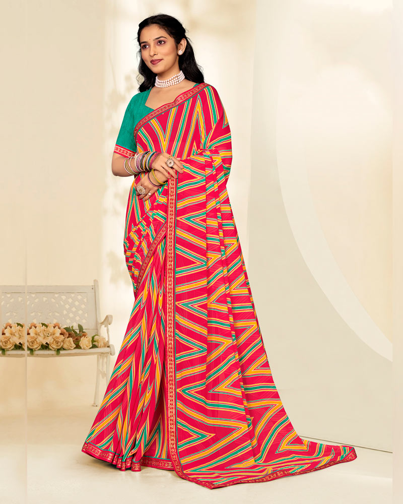 Vishal Prints Pinkish Red Printed Georgette Saree With Fancy Border