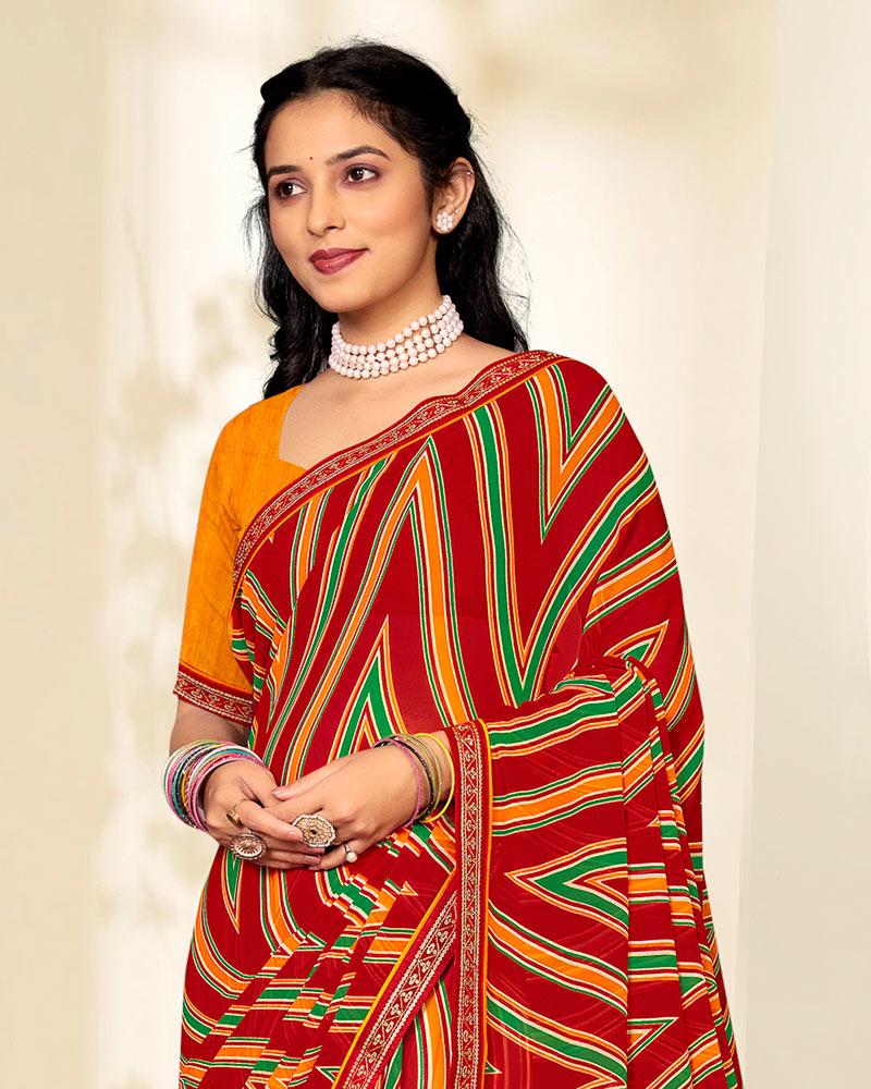 Vishal Prints Scarlet Red Printed Georgette Saree With Fancy Border