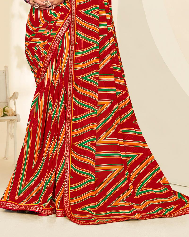 Vishal Prints Scarlet Red Printed Georgette Saree With Fancy Border