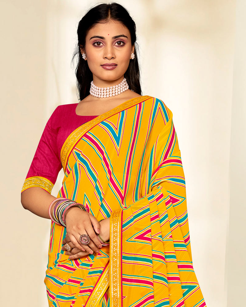 Vishal Prints Dark Yellow Printed Georgette Saree With Fancy Border