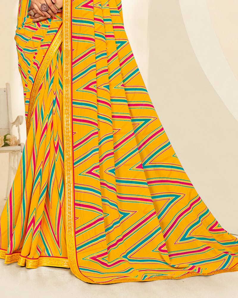 Vishal Prints Dark Yellow Printed Georgette Saree With Fancy Border