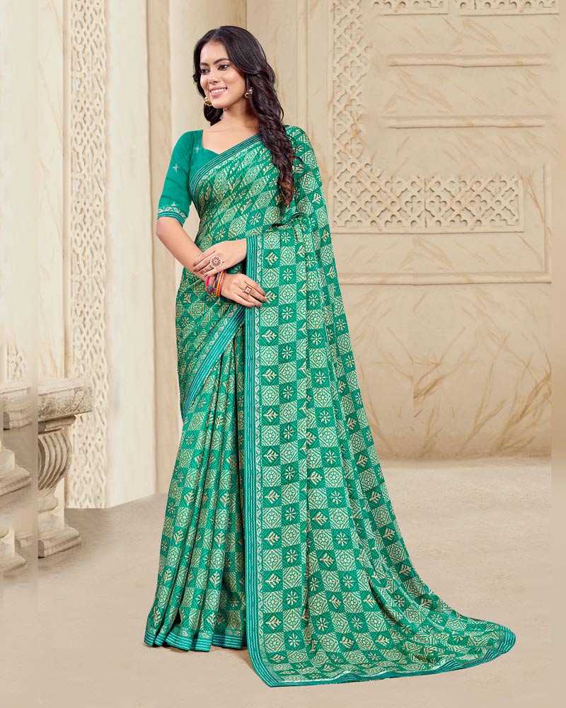 Vishal Prints Persian Green Printed Chiffon Saree With Fancy Border
