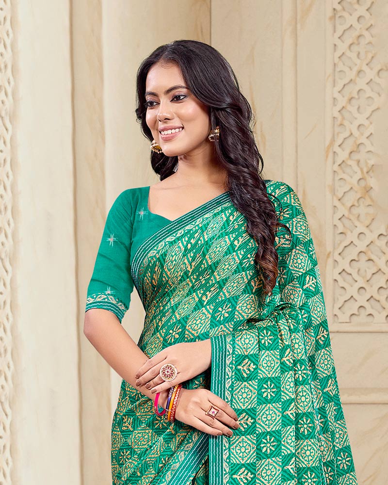 Vishal Prints Persian Green Printed Chiffon Saree With Fancy Border