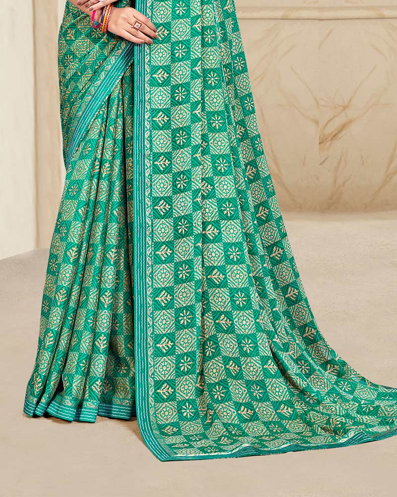 Vishal Prints Persian Green Printed Chiffon Saree With Fancy Border