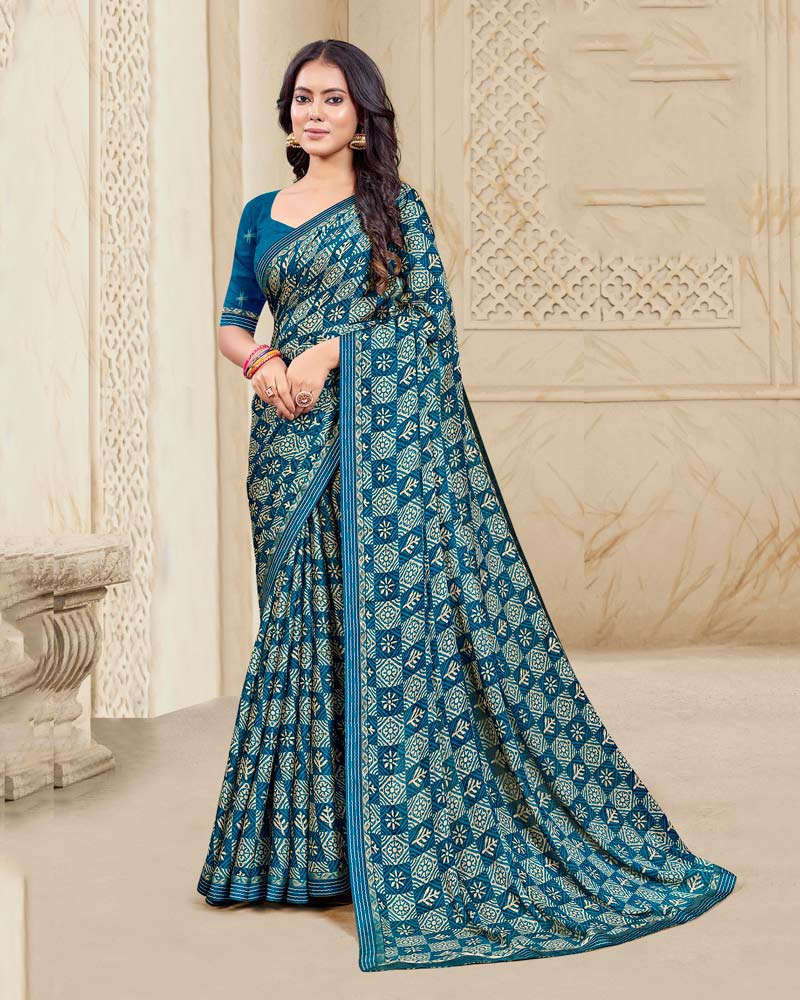 Vishal Prints Venice Blue Printed Chiffon Saree With Fancy Border