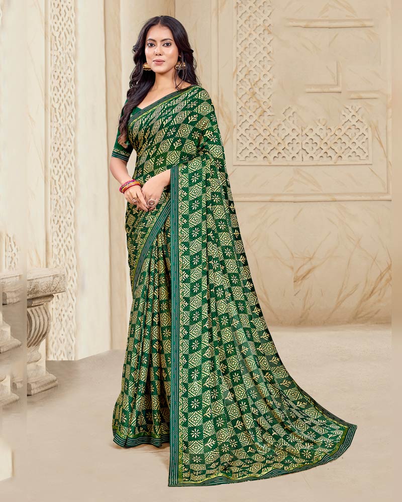 Vishal Prints Bottle Green Printed Chiffon Saree With Fancy Border