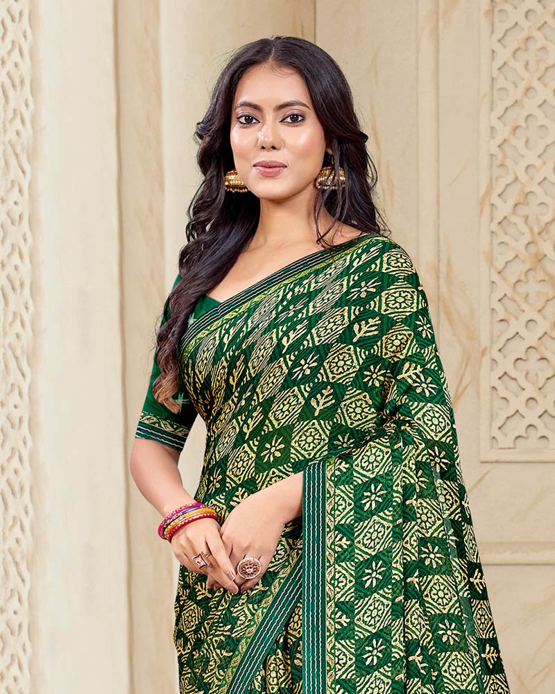 Vishal Prints Bottle Green Printed Chiffon Saree With Fancy Border