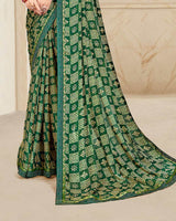 Vishal Prints Bottle Green Printed Chiffon Saree With Fancy Border
