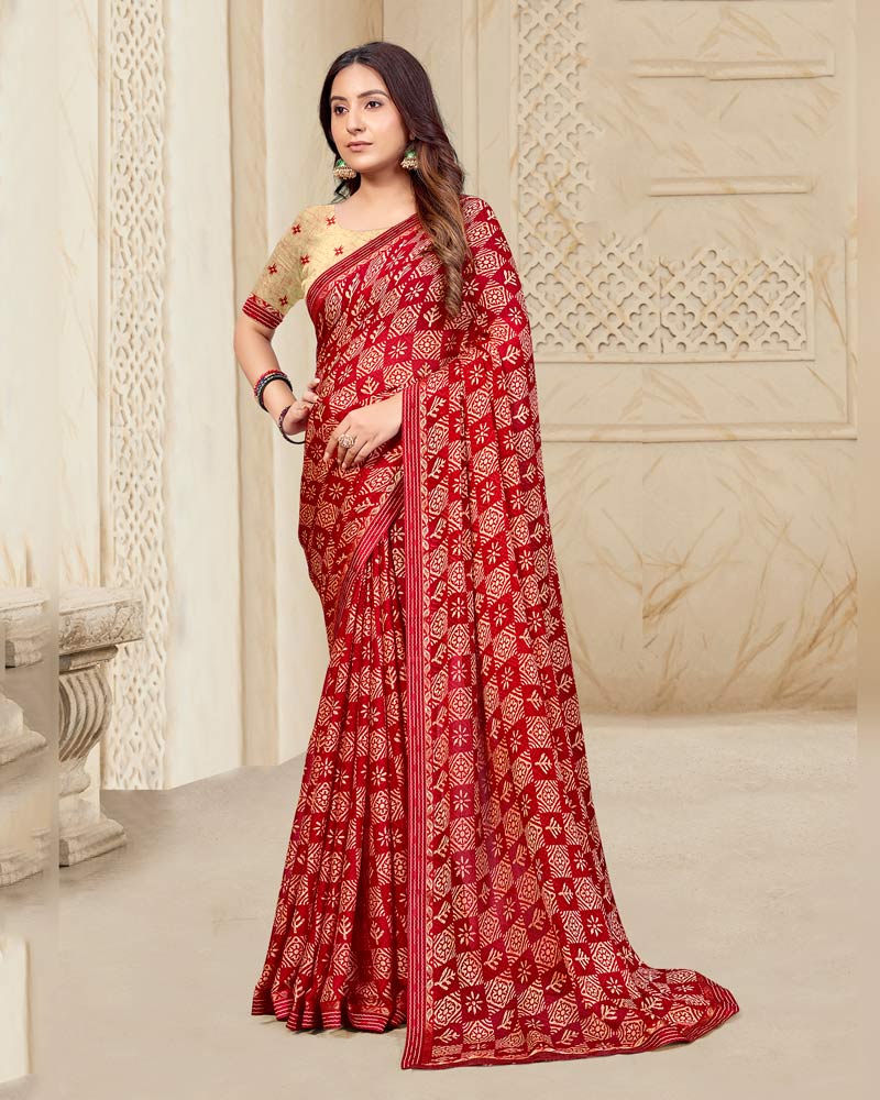 Vishal Prints Milano Red Printed Chiffon Saree With Fancy Border
