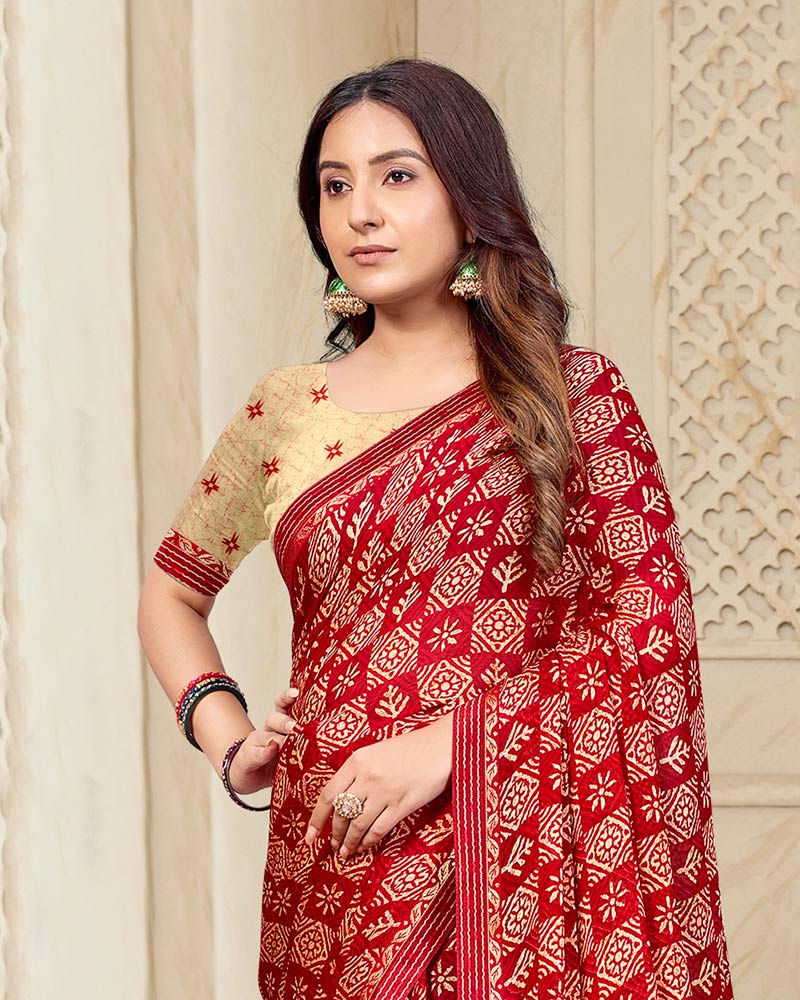 Vishal Prints Milano Red Printed Chiffon Saree With Fancy Border