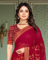 Vishal Prints Pinkish Red Georgette Saree With Foil Print And Zari Border