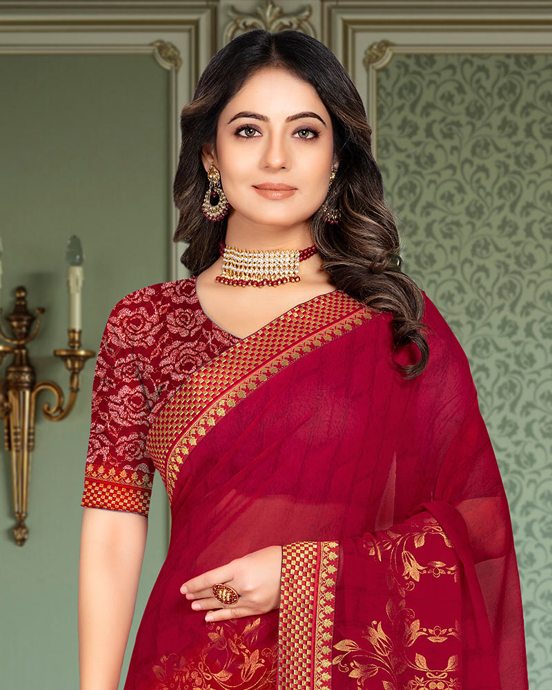 Vishal Prints Pinkish Red Georgette Saree With Foil Print And Zari Border