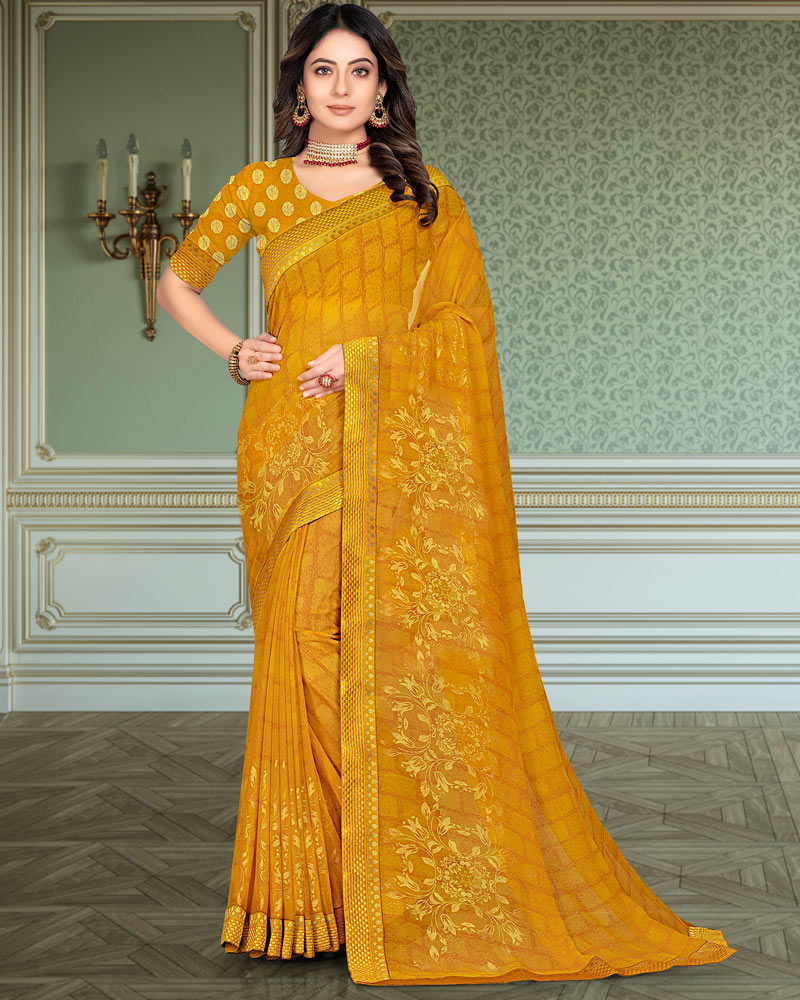 Vishal Prints Dark Yellow Georgette Saree With Foil Print And Zari Border