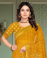 Vishal Prints Dark Yellow Georgette Saree With Foil Print And Zari Border