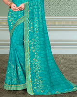 Vishal Prints Dark Turquoise Blue Georgette Saree With Foil Print And Zari Border