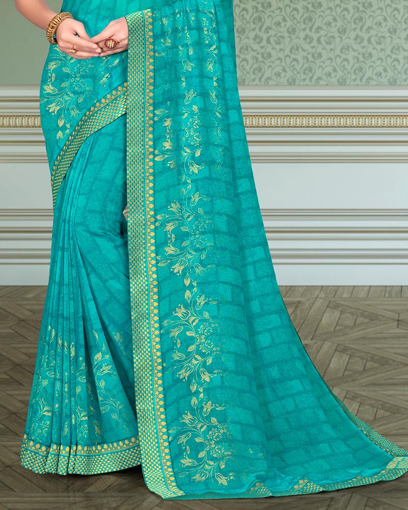 Vishal Prints Dark Turquoise Blue Georgette Saree With Foil Print And Zari Border