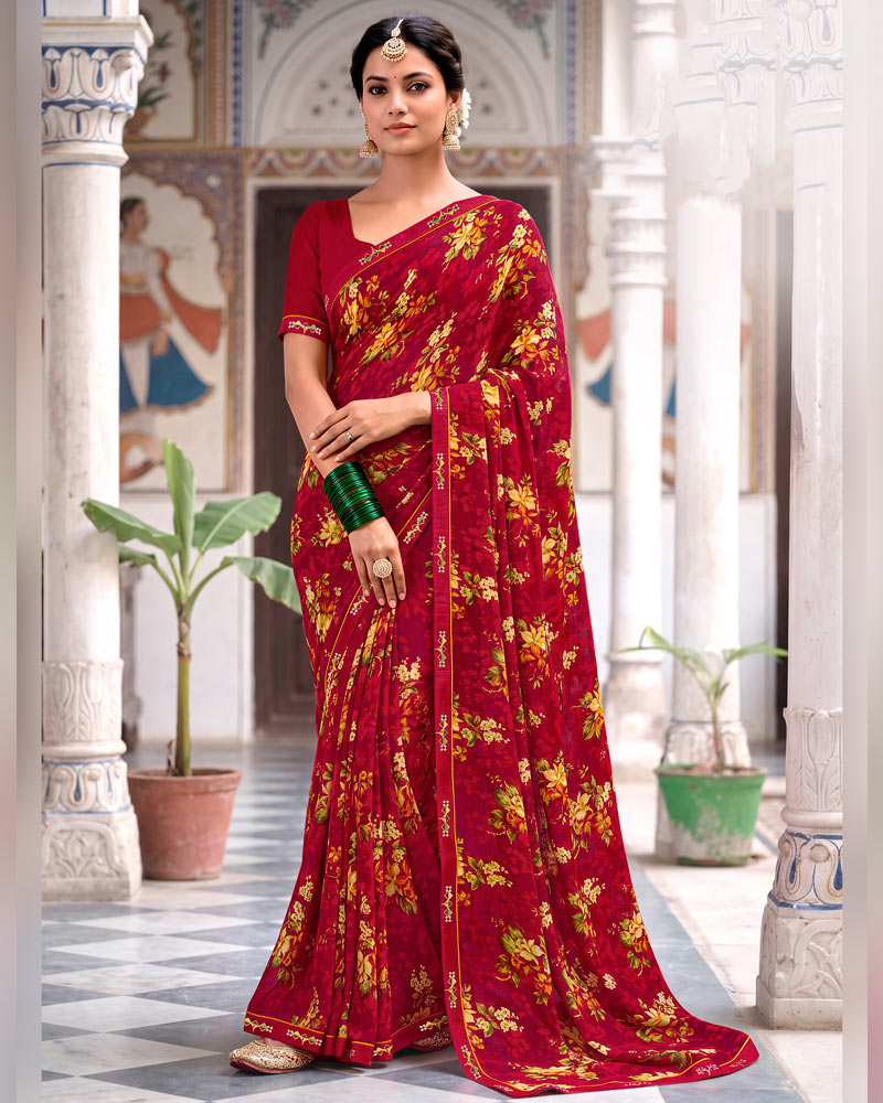 Vishal Prints Vivid Burgundy Printed Georgette Saree With Fancy Border