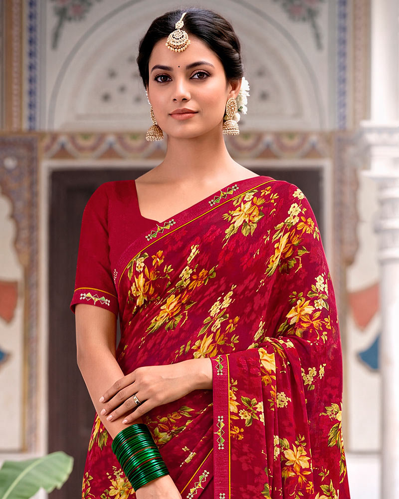 Vishal Prints Vivid Burgundy Printed Georgette Saree With Fancy Border