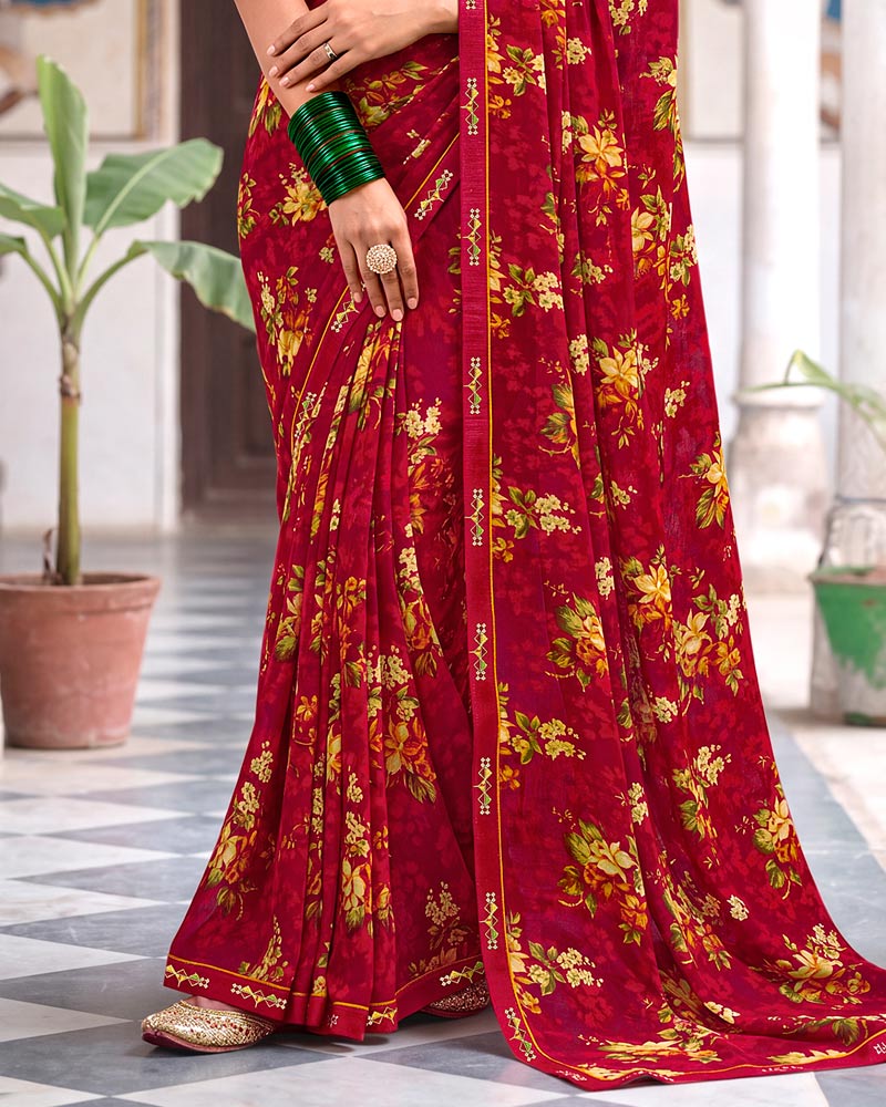 Vishal Prints Vivid Burgundy Printed Georgette Saree With Fancy Border