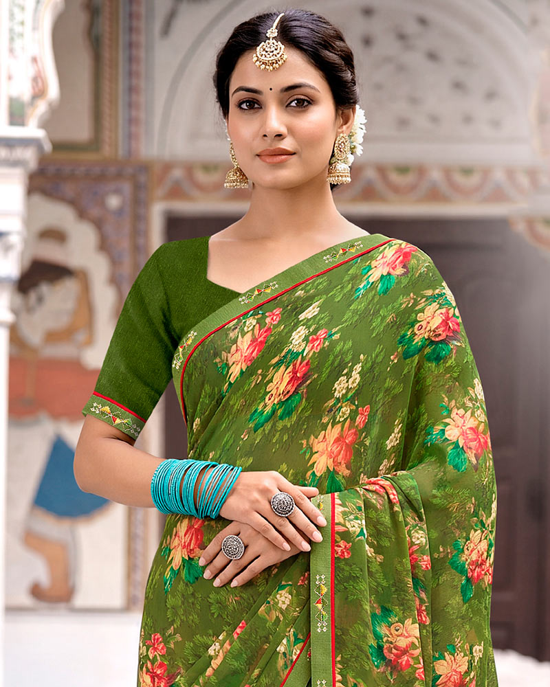 Vishal Prints Dark Khaki Green Printed Georgette Saree With Fancy Border