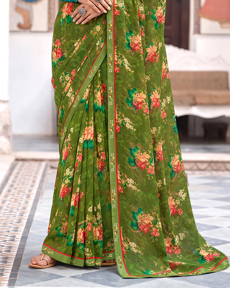 Vishal Prints Dark Khaki Green Printed Georgette Saree With Fancy Border