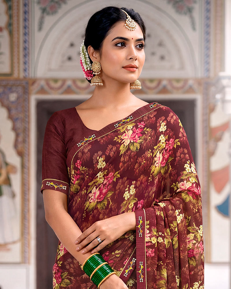 Vishal Prints Deep Brown Printed Georgette Saree With Fancy Border