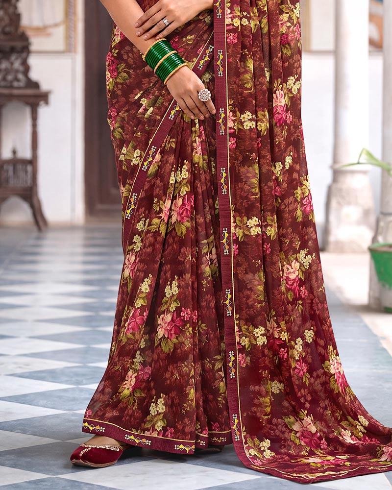 Vishal Prints Deep Brown Printed Georgette Saree With Fancy Border