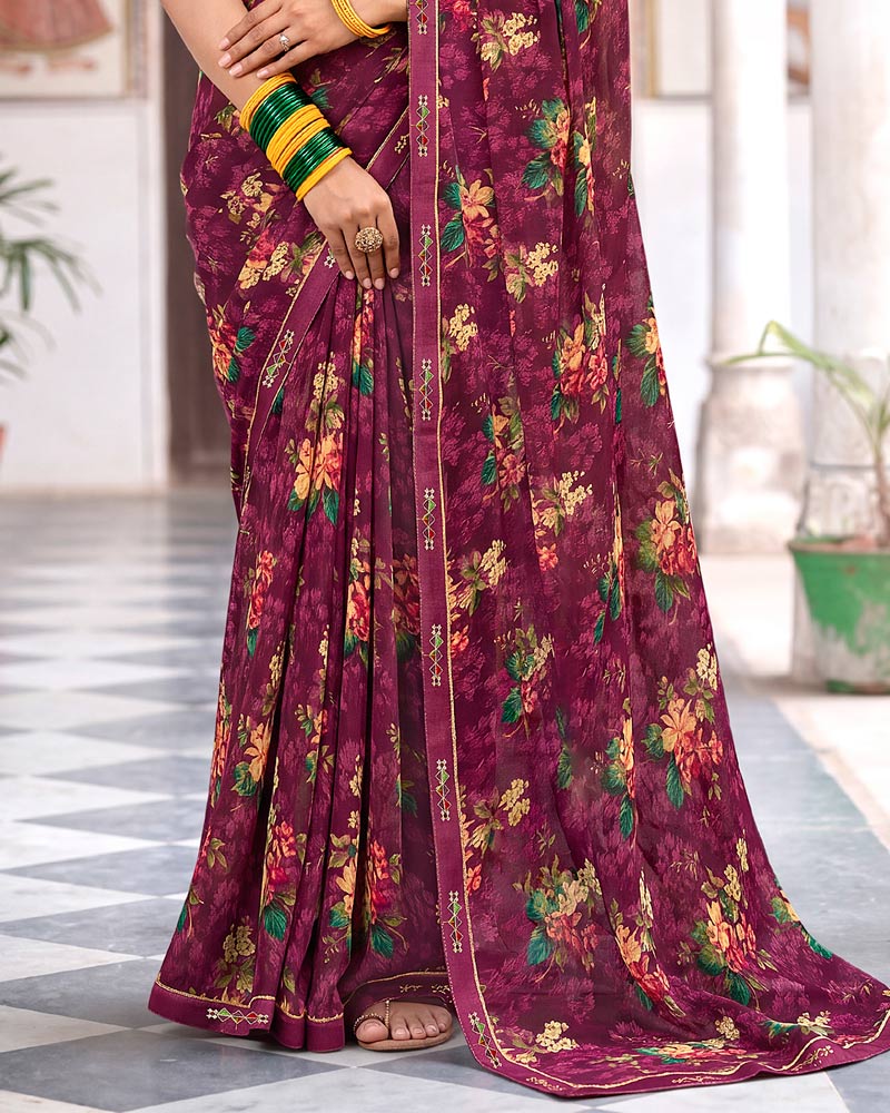 Vishal Prints Wine Berry Printed Georgette Saree With Fancy Border