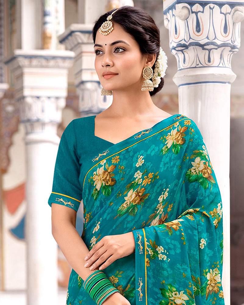 Vishal Prints Teal Blue Printed Georgette Saree With Fancy Border