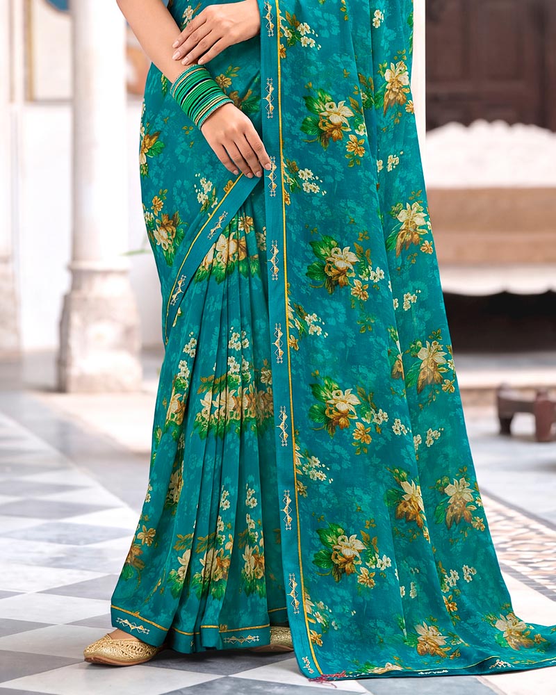Vishal Prints Teal Blue Printed Georgette Saree With Fancy Border