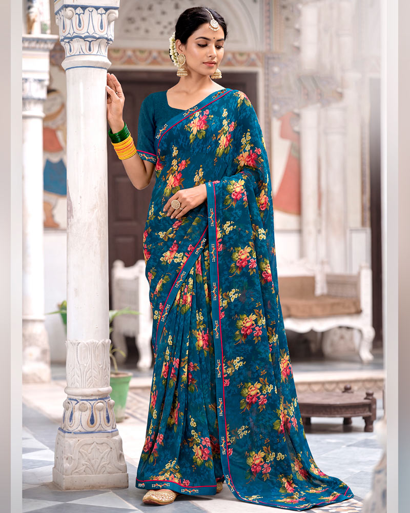 Vishal Prints Regal Blue Printed Georgette Saree With Fancy Border