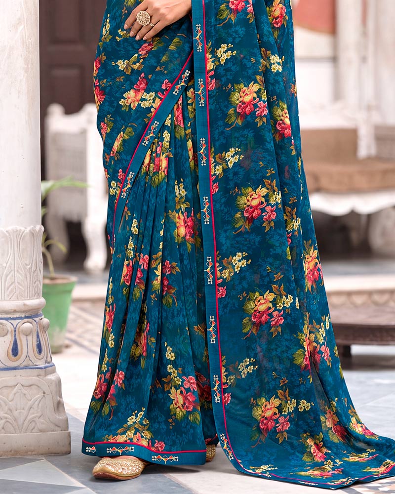 Vishal Prints Regal Blue Printed Georgette Saree With Fancy Border