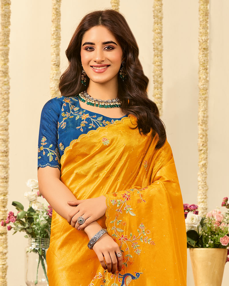 Vishal Prints Dark Shiny Yellow Designer Fancy Crushed Tissue Saree With Embroidery Diamond Work And Cut Work Border