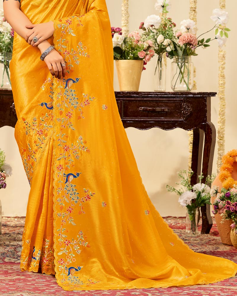 Vishal Prints Dark Shiny Yellow Designer Fancy Crushed Tissue Saree With Embroidery Diamond Work And Cut Work Border
