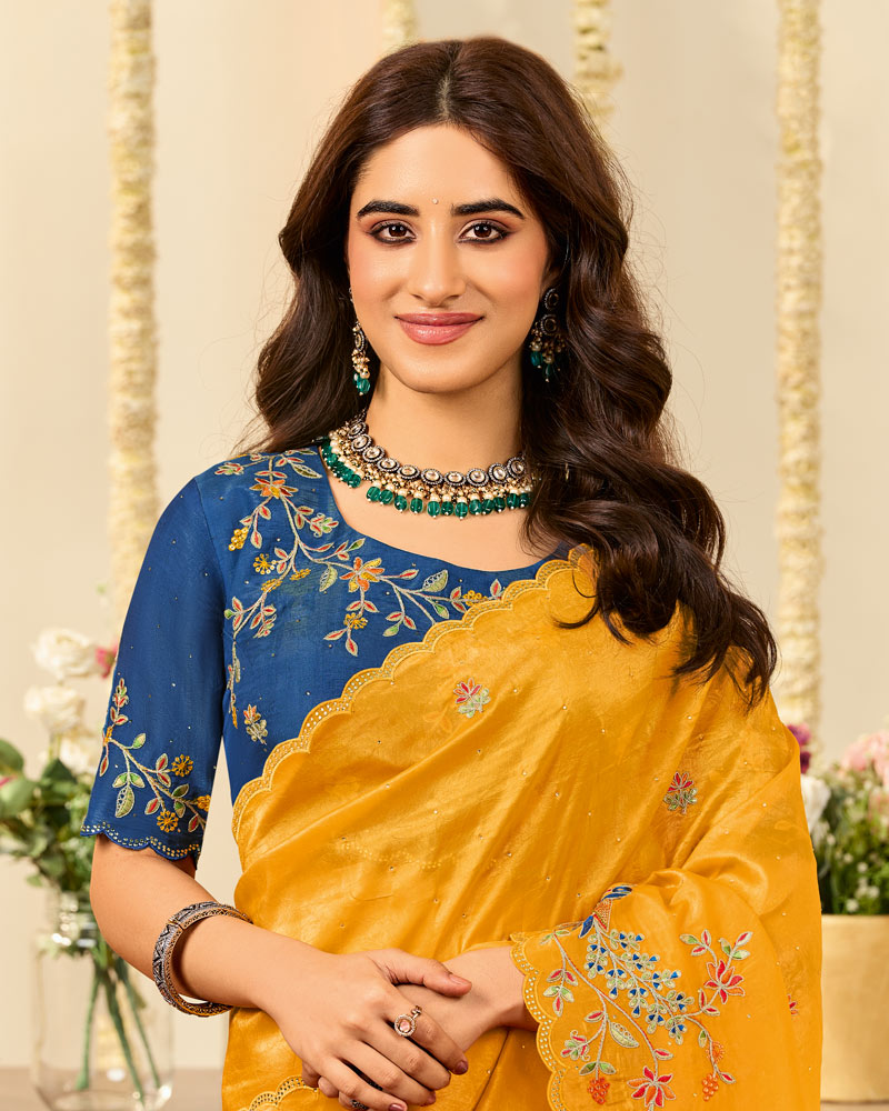 Vishal Prints Dark Shiny Yellow Designer Fancy Crushed Tissue Saree With Embroidery Diamond Work And Cut Work Border