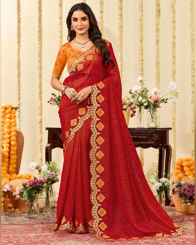 Vishal Prints Milano Red Designer Fancy Chiffon Saree With Patch Work And Cut Work Embroidery Border