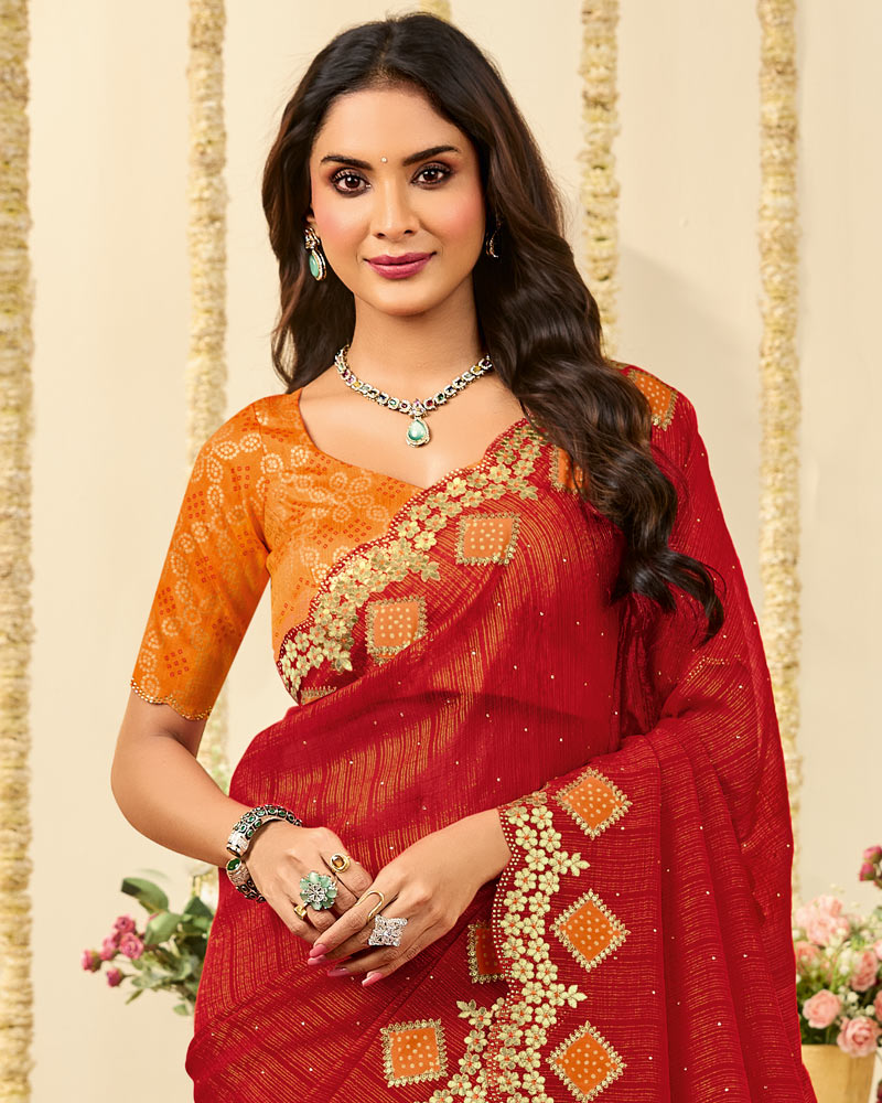 Vishal Prints Milano Red Designer Fancy Chiffon Saree With Patch Work And Cut Work Embroidery Border