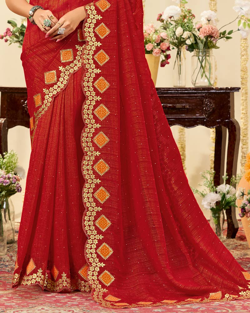 Vishal Prints Milano Red Designer Fancy Chiffon Saree With Patch Work And Cut Work Embroidery Border