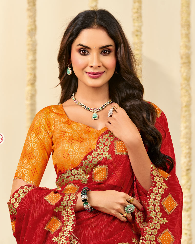 Vishal Prints Milano Red Designer Fancy Chiffon Saree With Patch Work And Cut Work Embroidery Border