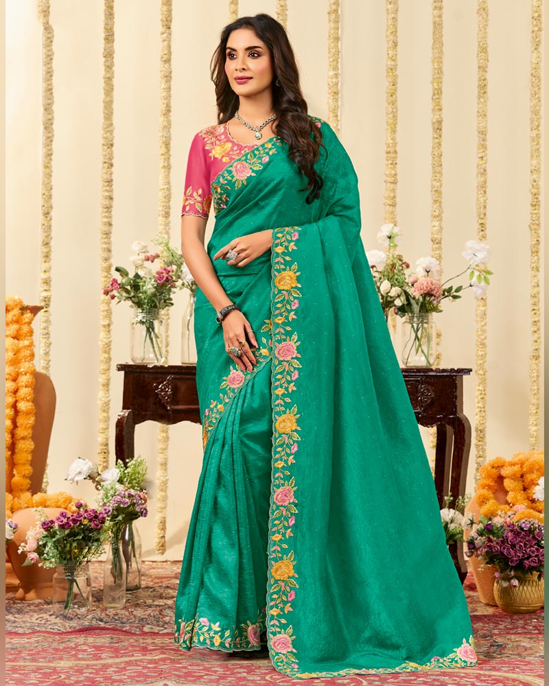 Vishal Prints Jade Green Designer Fancy Crushed Tissue Saree With Embroidery Diamond Work And Cut Work Border