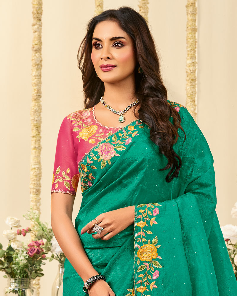 Vishal Prints Jade Green Designer Fancy Crushed Tissue Saree With Embroidery Diamond Work And Cut Work Border