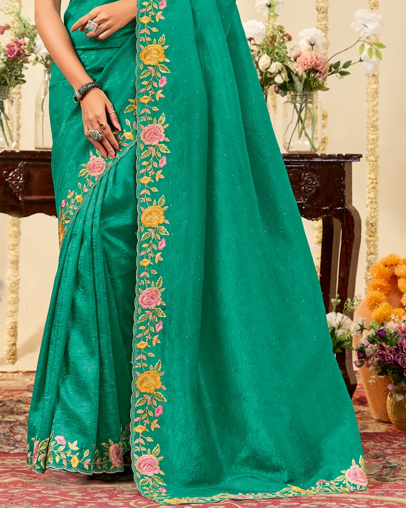 Vishal Prints Jade Green Designer Fancy Crushed Tissue Saree With Embroidery Diamond Work And Cut Work Border