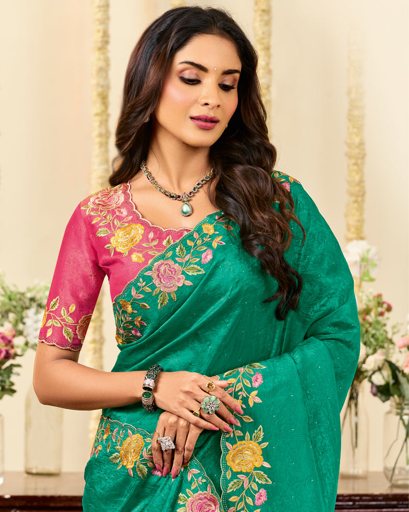 Vishal Prints Jade Green Designer Fancy Crushed Tissue Saree With Embroidery Diamond Work And Cut Work Border