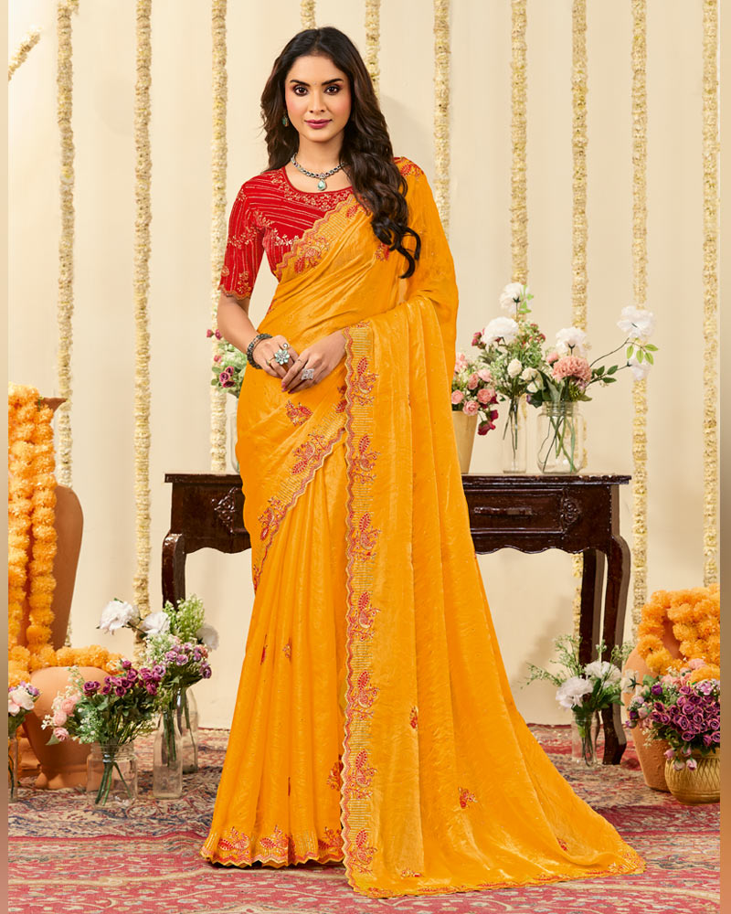 Vishal Prints Dark Yellowish Orange Designer Fancy Crushed Tissue Saree With Embroidery Diamond Work And Cut Work Border