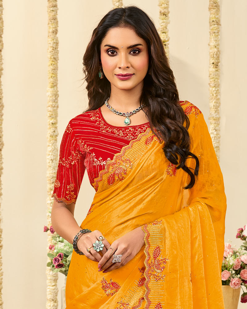 Vishal Prints Dark Yellowish Orange Designer Fancy Crushed Tissue Saree With Embroidery Diamond Work And Cut Work Border