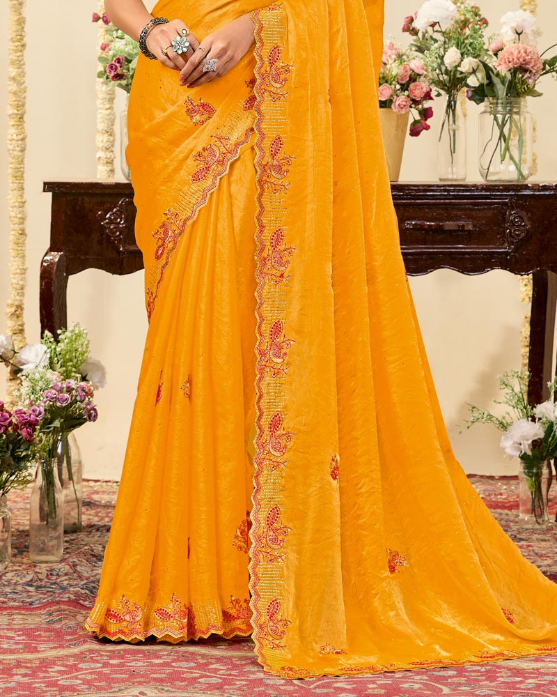 Vishal Prints Dark Yellowish Orange Designer Fancy Crushed Tissue Saree With Embroidery Diamond Work And Cut Work Border