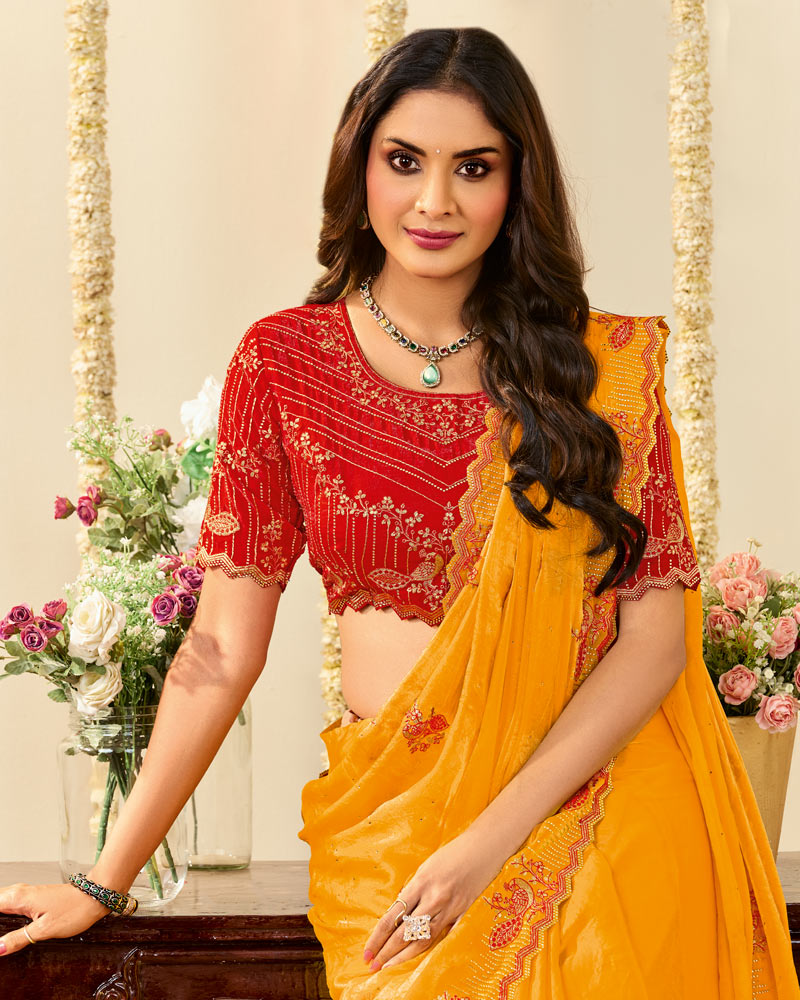 Vishal Prints Dark Yellowish Orange Designer Fancy Crushed Tissue Saree With Embroidery Diamond Work And Cut Work Border