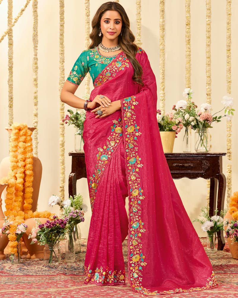 Vishal Prints Bright Maroon Designer Fancy Crushed Tissue Saree With Embroidery Diamond Work And Cut Work Border